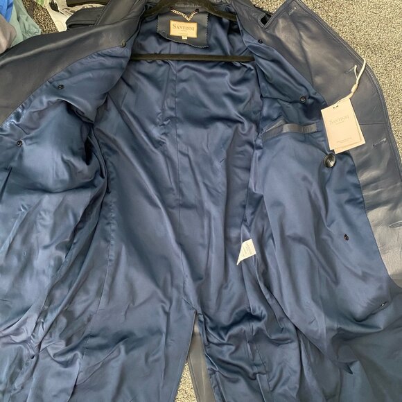 Santinni Navy Leather Trench Coat (Size Medium) - Picture 4 of 8